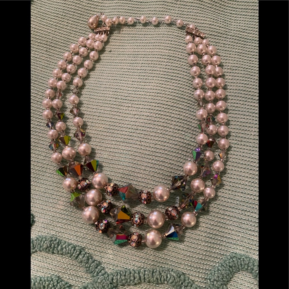 Mid century faux pearl and rhinestone necklace unsigned LAGUNA.